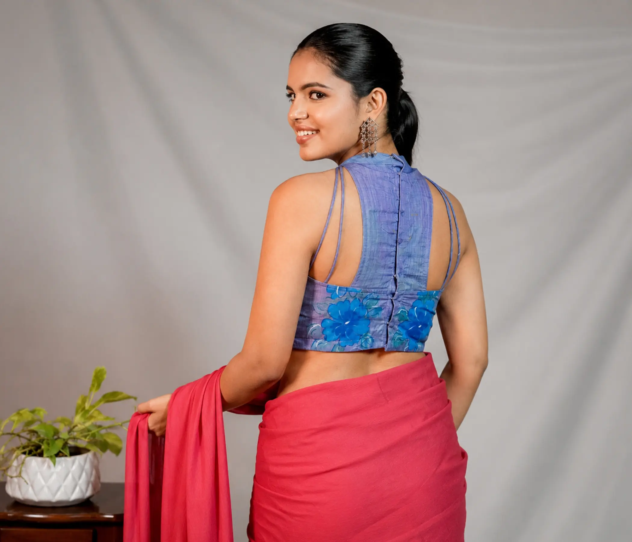 Hand-Painted Periwinkle Blue Halter Trendy Blouse with Front Neck Designs